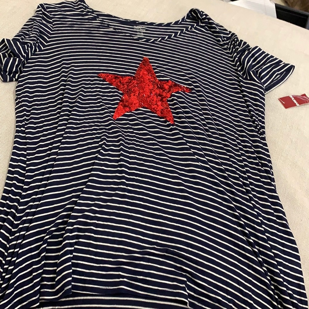 Navy blue with white stripe and red star design
